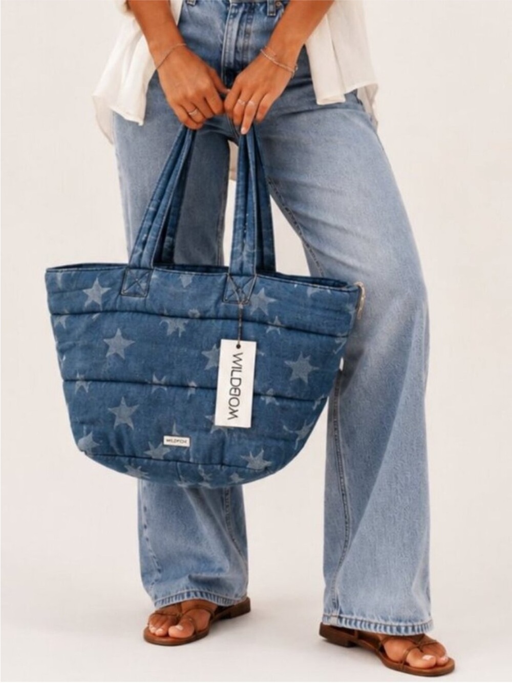 WILDFOX Quilted Oversized Puff Denim Blue American Star Print Large Tote Zip Bag